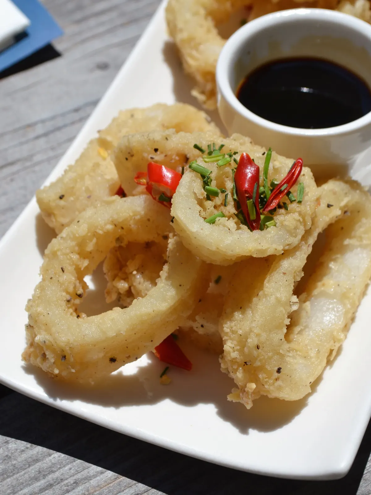 Chilli salted calamari with a soy dipping sauce