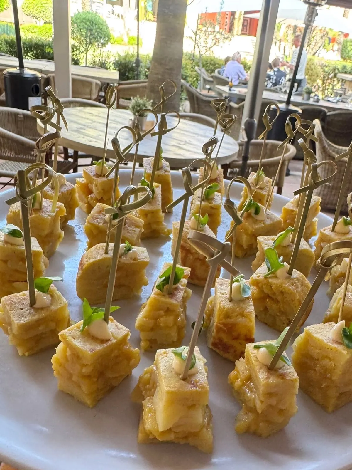 Rows of canapés on skewers prepared for an event