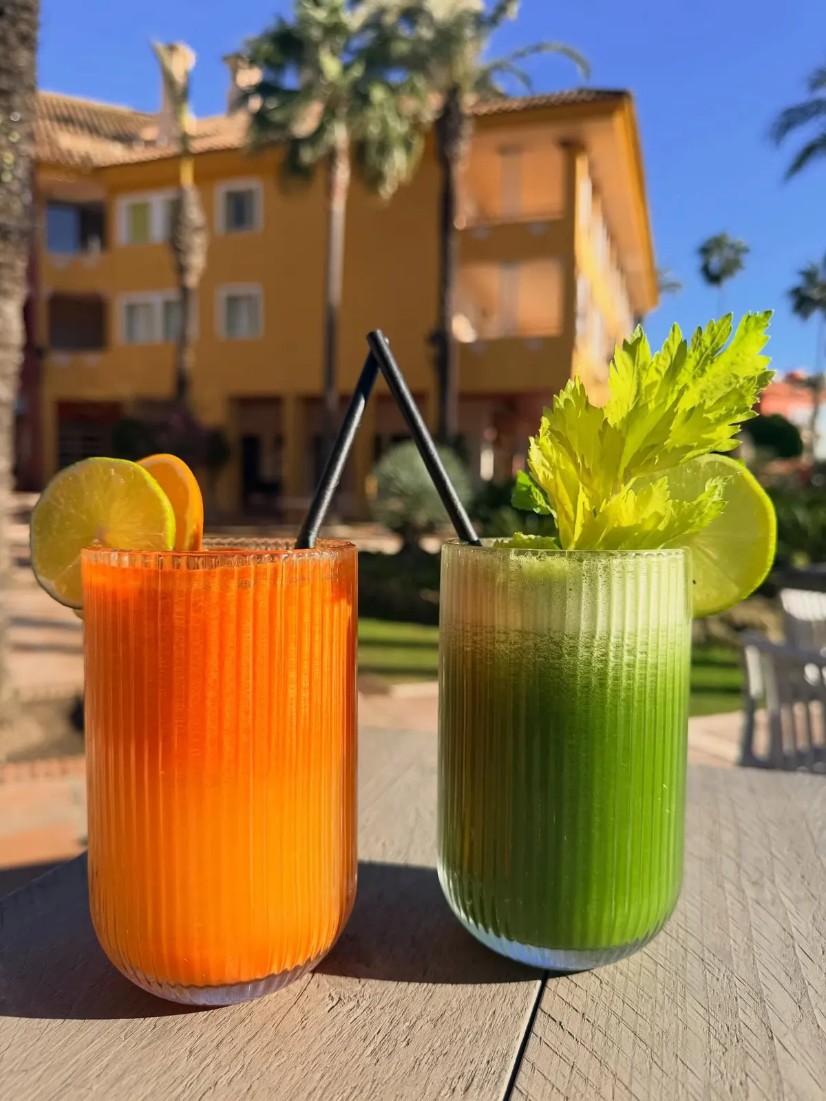 Carrot and green juices on the terrace