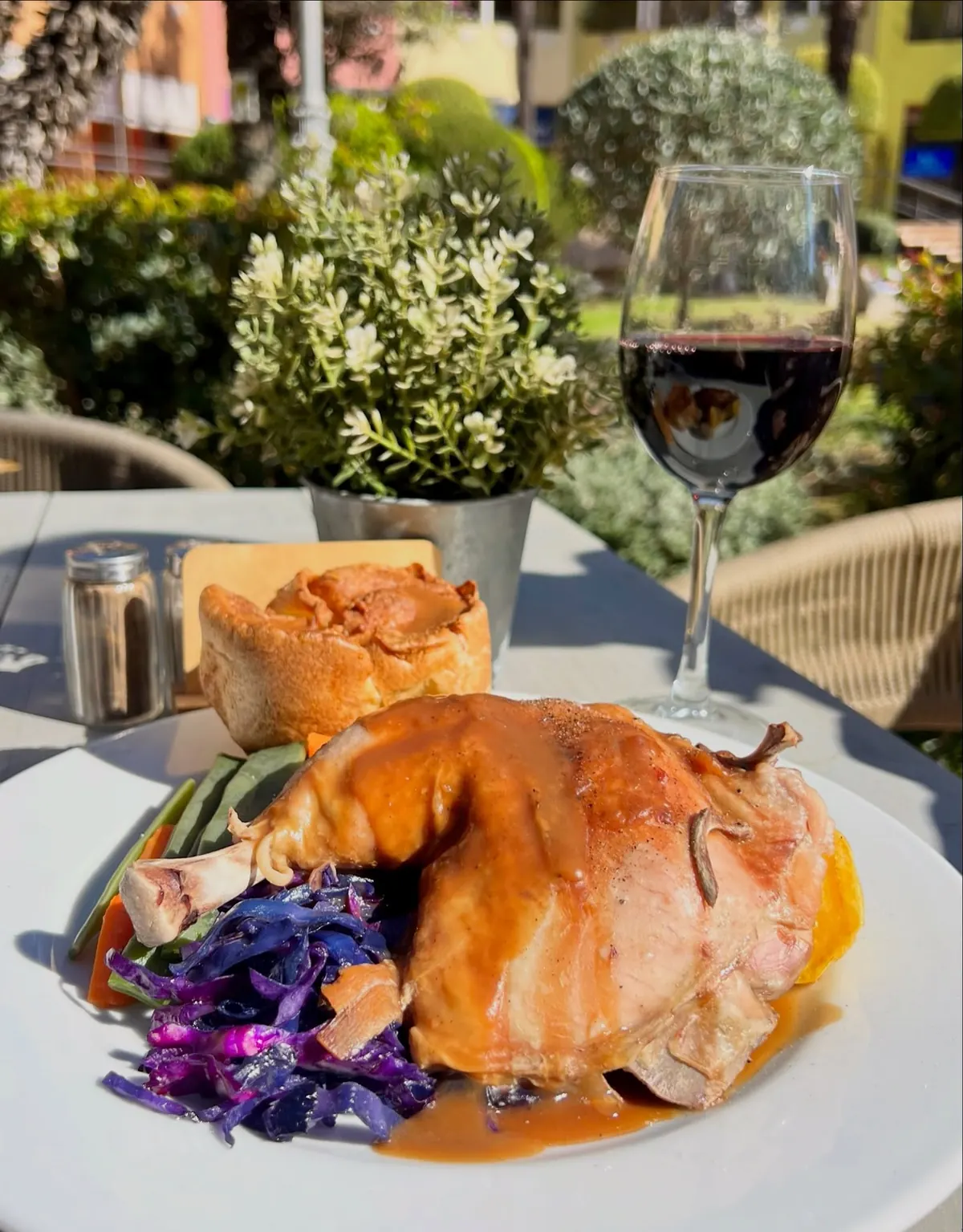 Slow cooked lamb shank with a glass of red wine