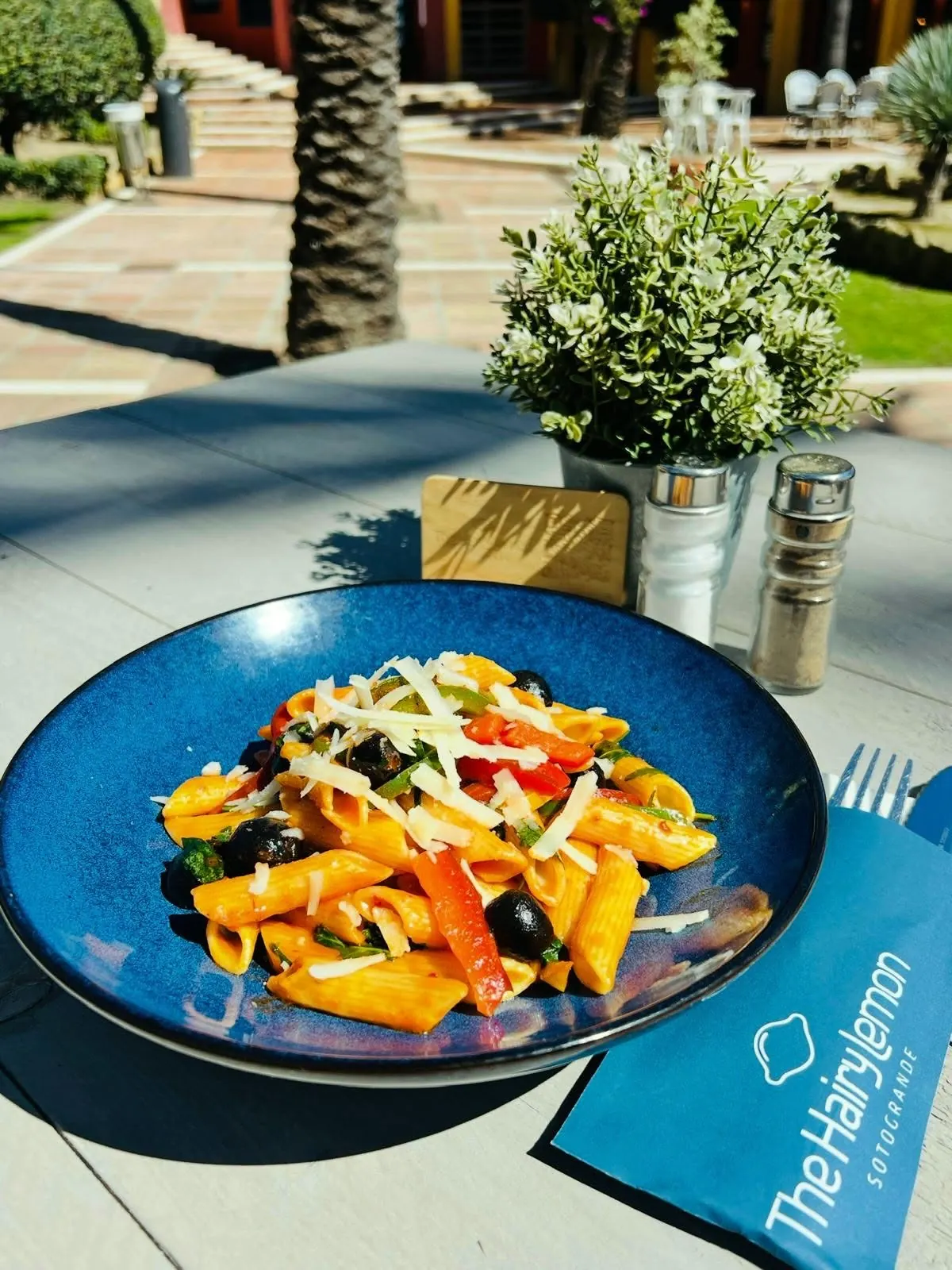 Pasta arrabiata on a blue plate with a Hairy Lemon napkin